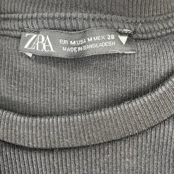 Zara Black Bodycon Ruched Ribbed Knit Short Sleeve Dress Size Medium Goth - Picture 7 of 8